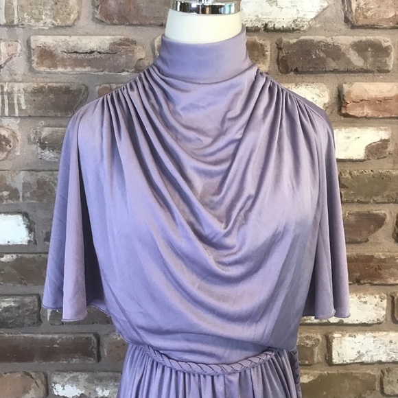 BEEGE JW Woman’s VINTAGE Lavender High Neck Drape Front Flutter Belted Dress S - Picture 5 of 9